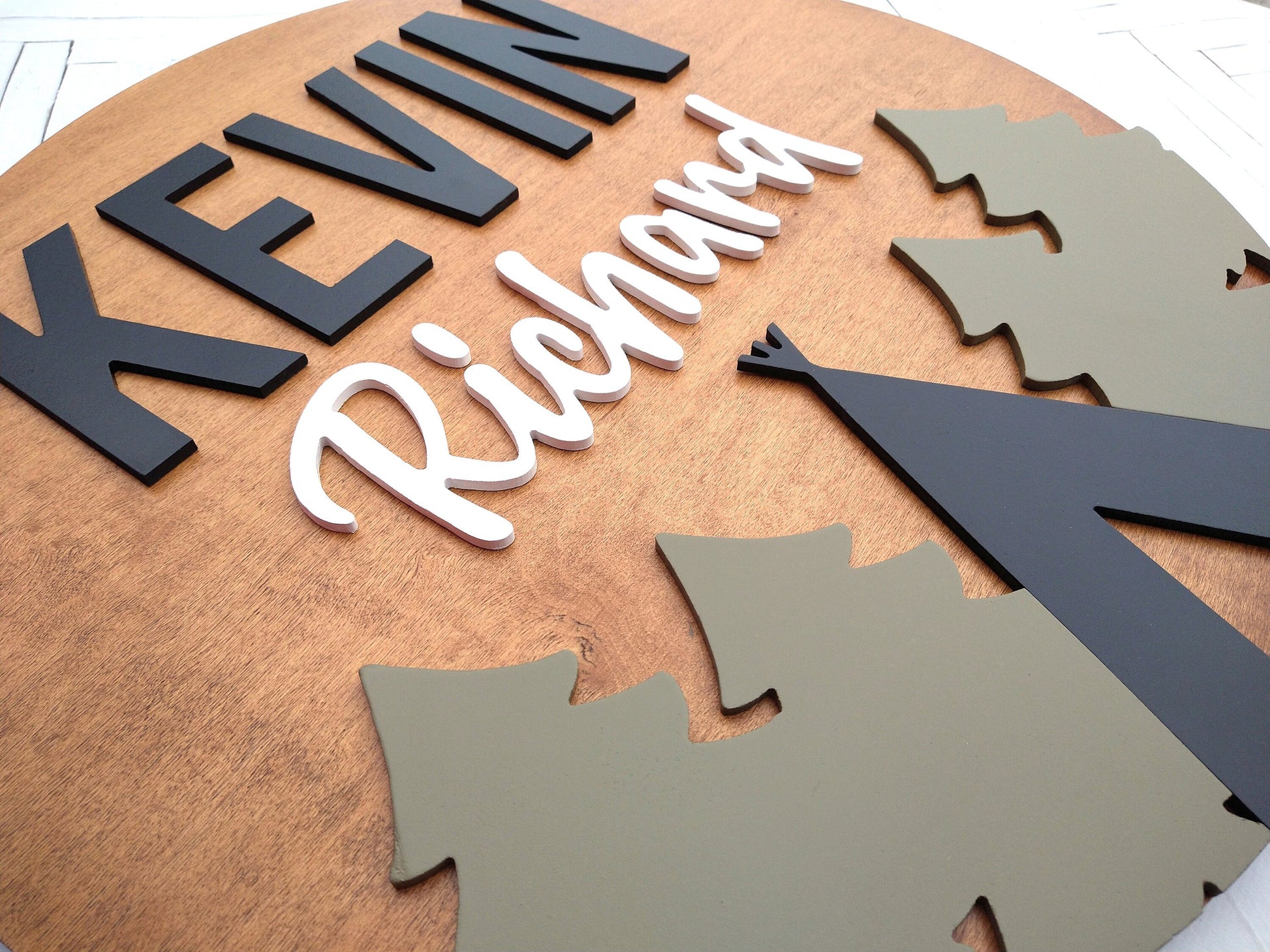 Woodland Baby Nursery Custom Name Sign, Wooden Circle Wall Decor, Baby Shower Gift, Personalized Bedroom Decor Above Crib Custom Color Round