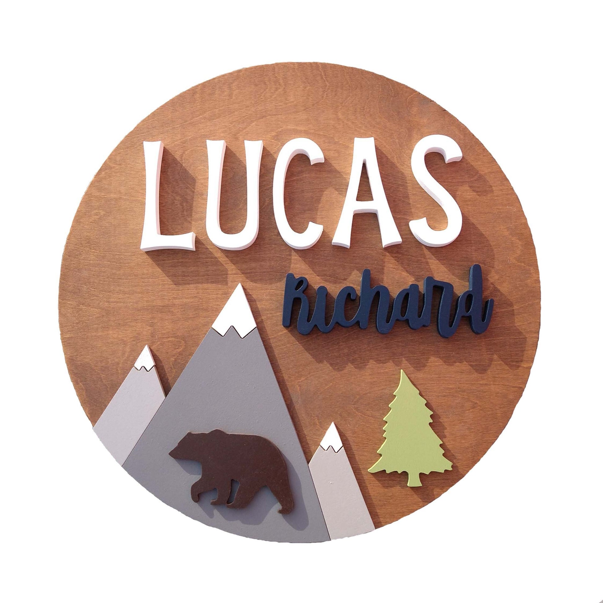 Woodland Mountain Theme Nursery Custom Name Sign, Wooden Circle Wall Decor, Baby Shower Gift, Kids Bedroom Decor, Above Crib Custom Round