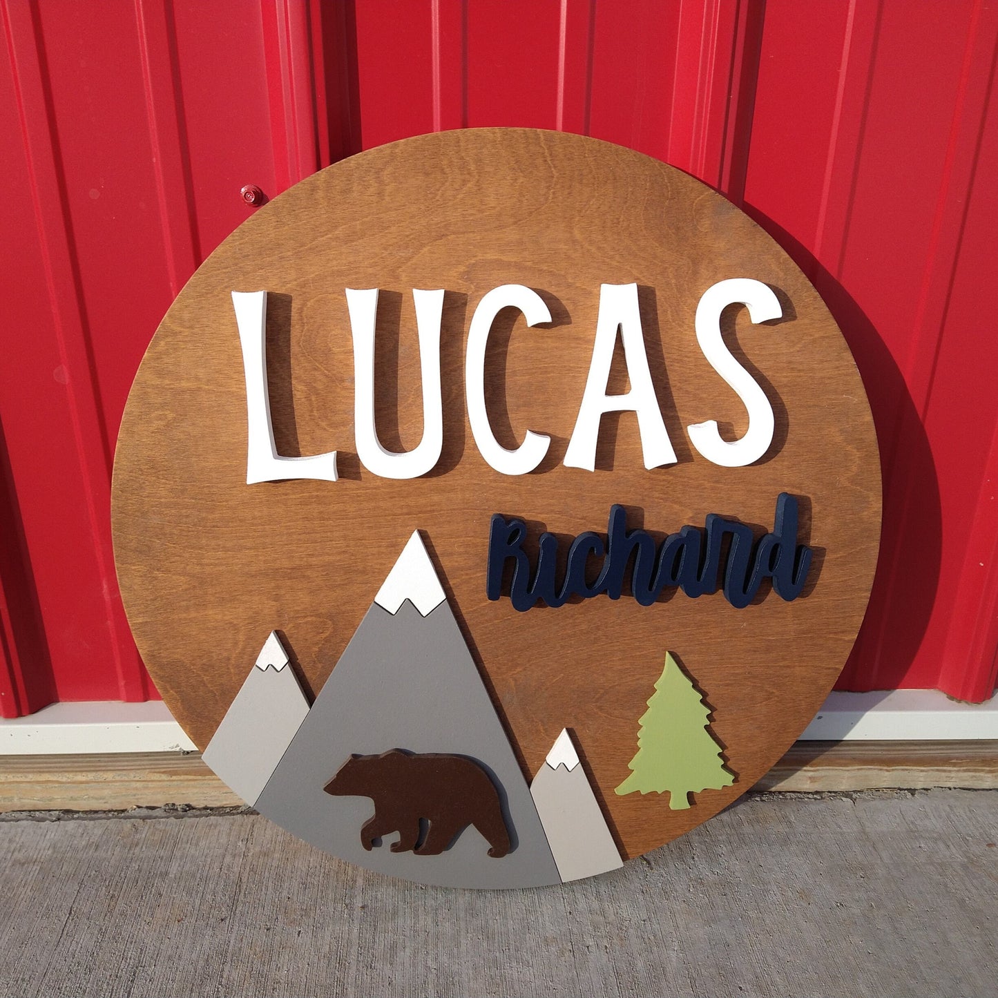 Woodland Mountain Theme Nursery Custom Name Sign, Wooden Circle Wall Decor, Baby Shower Gift, Kids Bedroom Decor, Above Crib Custom Round