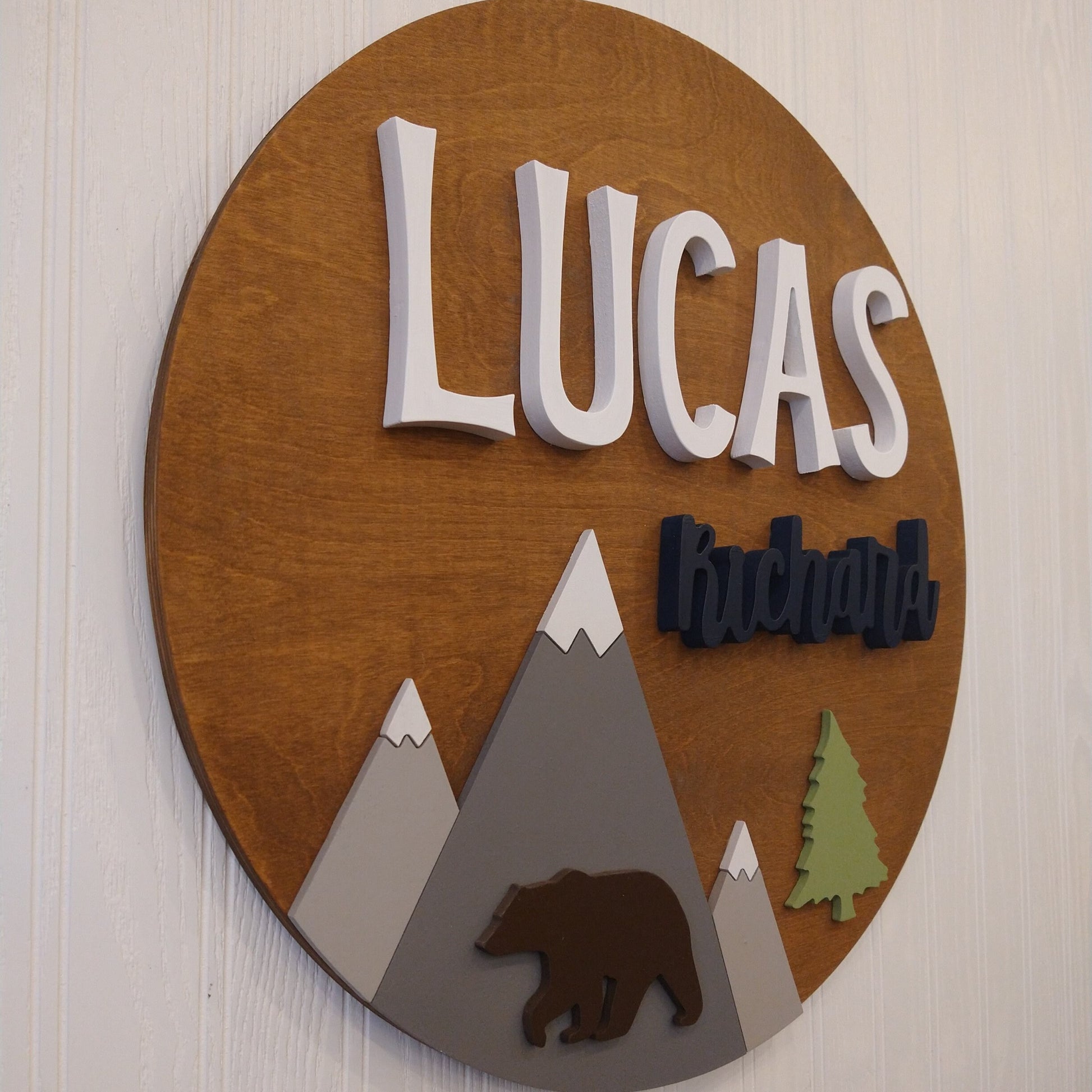 Woodland Mountain Theme Nursery Custom Name Sign, Wooden Circle Wall Decor, Baby Shower Gift, Kids Bedroom Decor, Above Crib Custom Round