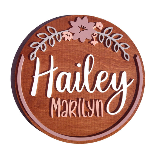 Flower Custom Nursery Name Sign, Wooden Circle Wall Decor, Above Crib Custom Color Round, Baby Shower Gift, Personalized kids Bedroom Decor