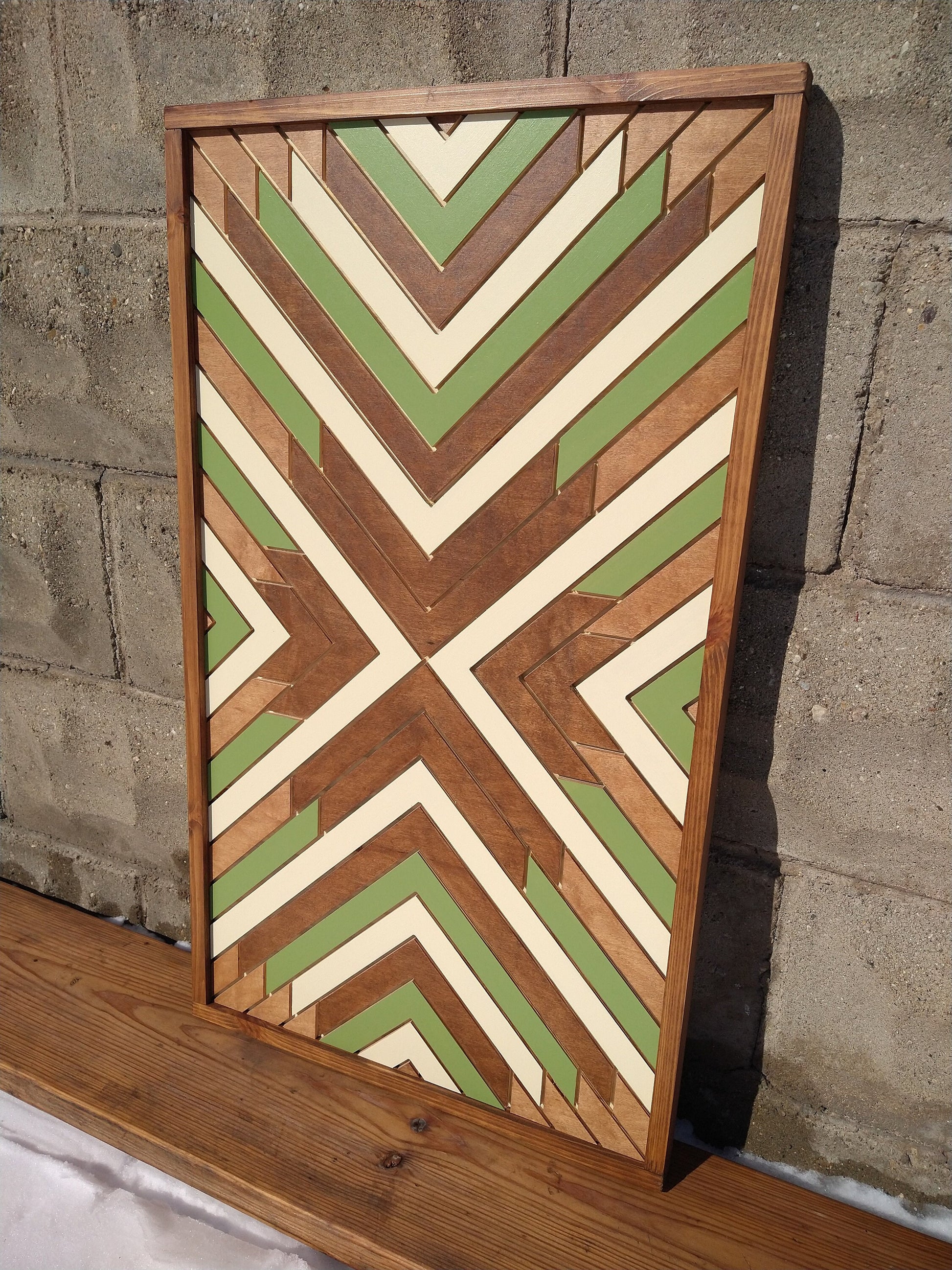 Engraved Light Green and Cream Modern Geometric Wood Wall Hanging, Mosaic Wood Wall Art, Handmade Wood Art, 29 x 17, Wood Wall Decor