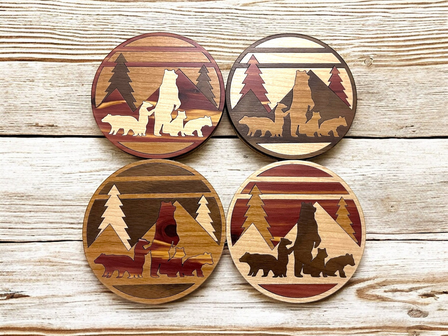 Hardwood Mosaic Coaster Set | Mountain and Bear with Cubs Round Wooden Coasters with Cork Bottom | Design #2