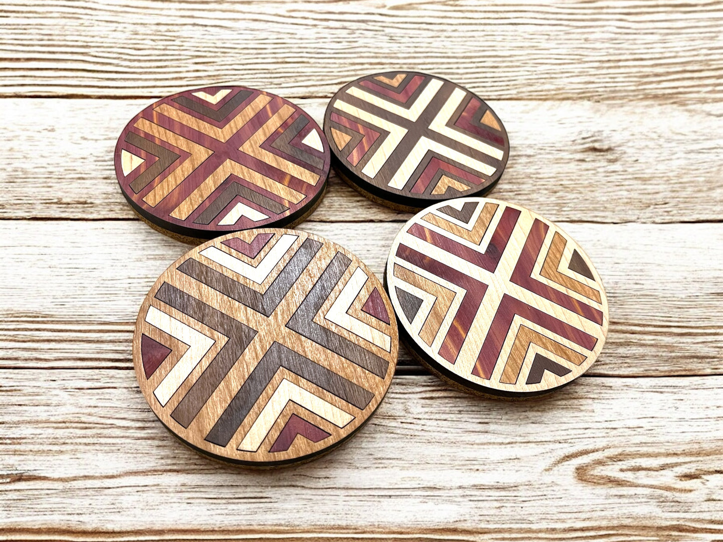 Hardwood Mosaic Coaster Set | Round Wooden Coasters with Cork Bottom | Design #4