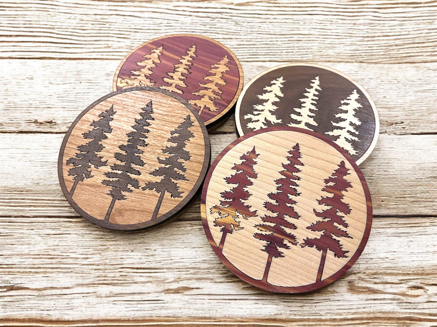 Hardwood Mosaic Coaster Set | Pine Trees Round Wooden Coasters with Cork Bottom | Design #3