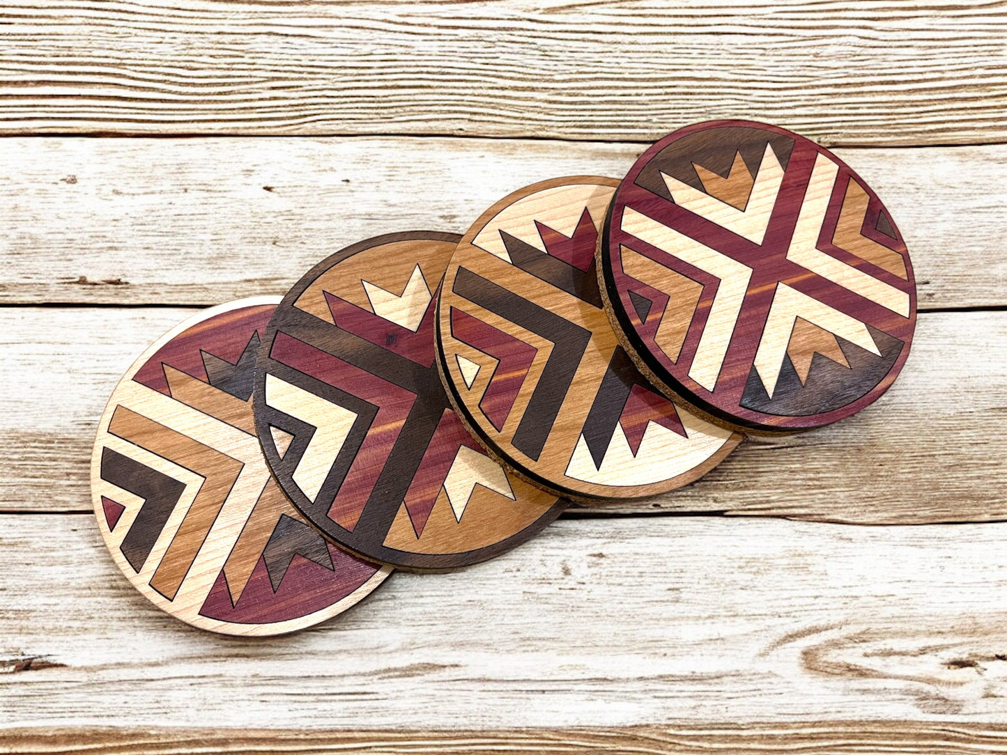 Hardwood Mosaic Coaster Set | Round Wooden Coasters with Cork Bottom | Design #5