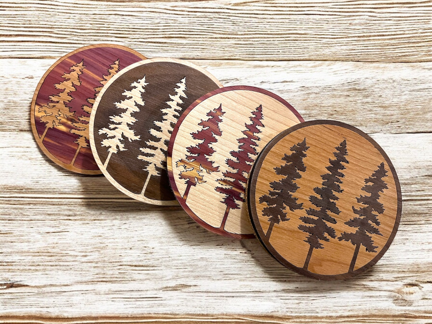 Hardwood Mosaic Coaster Set | Pine Trees Round Wooden Coasters with Cork Bottom | Design #3