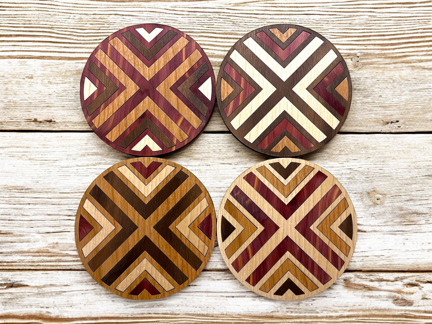 Hardwood Mosaic Coaster Set | Round Wooden Coasters with Cork Bottom | Design #4