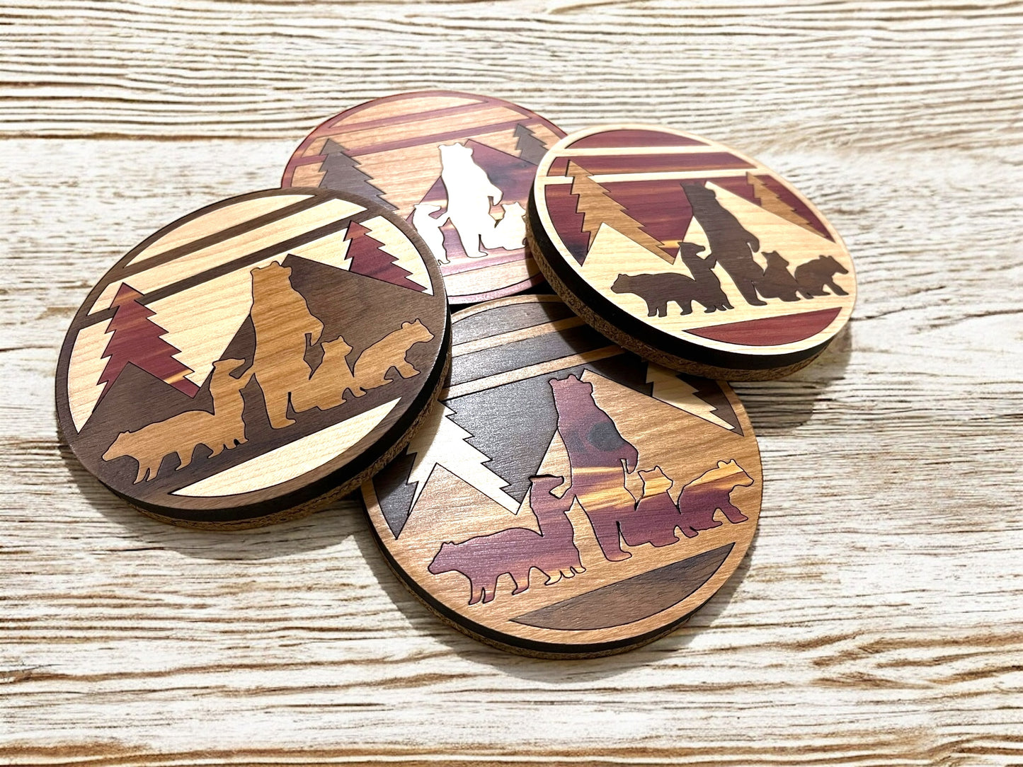 Hardwood Mosaic Coaster Set | Mountain and Bear with Cubs Round Wooden Coasters with Cork Bottom | Design #2