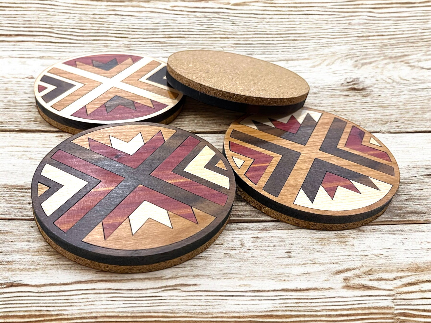 Hardwood Mosaic Coaster Set | Round Wooden Coasters with Cork Bottom | Design #5