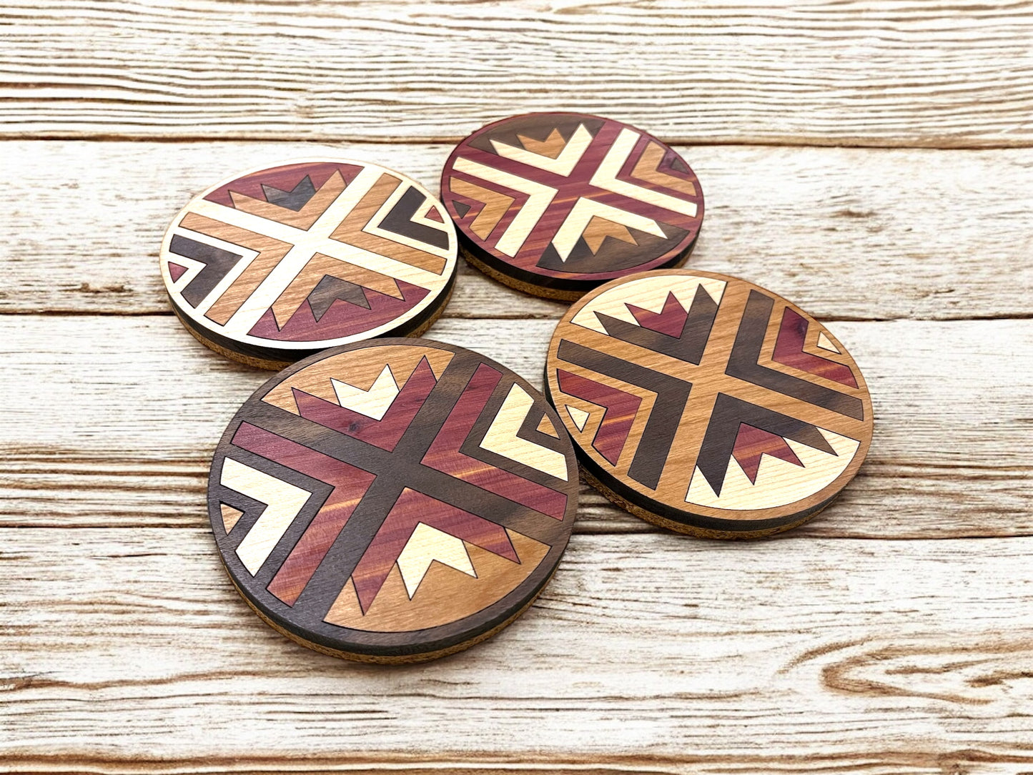 Hardwood Mosaic Coaster Set | Round Wooden Coasters with Cork Bottom | Design #5