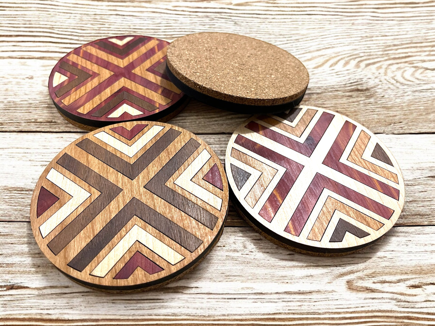 Hardwood Mosaic Coaster Set | Round Wooden Coasters with Cork Bottom | Design #4