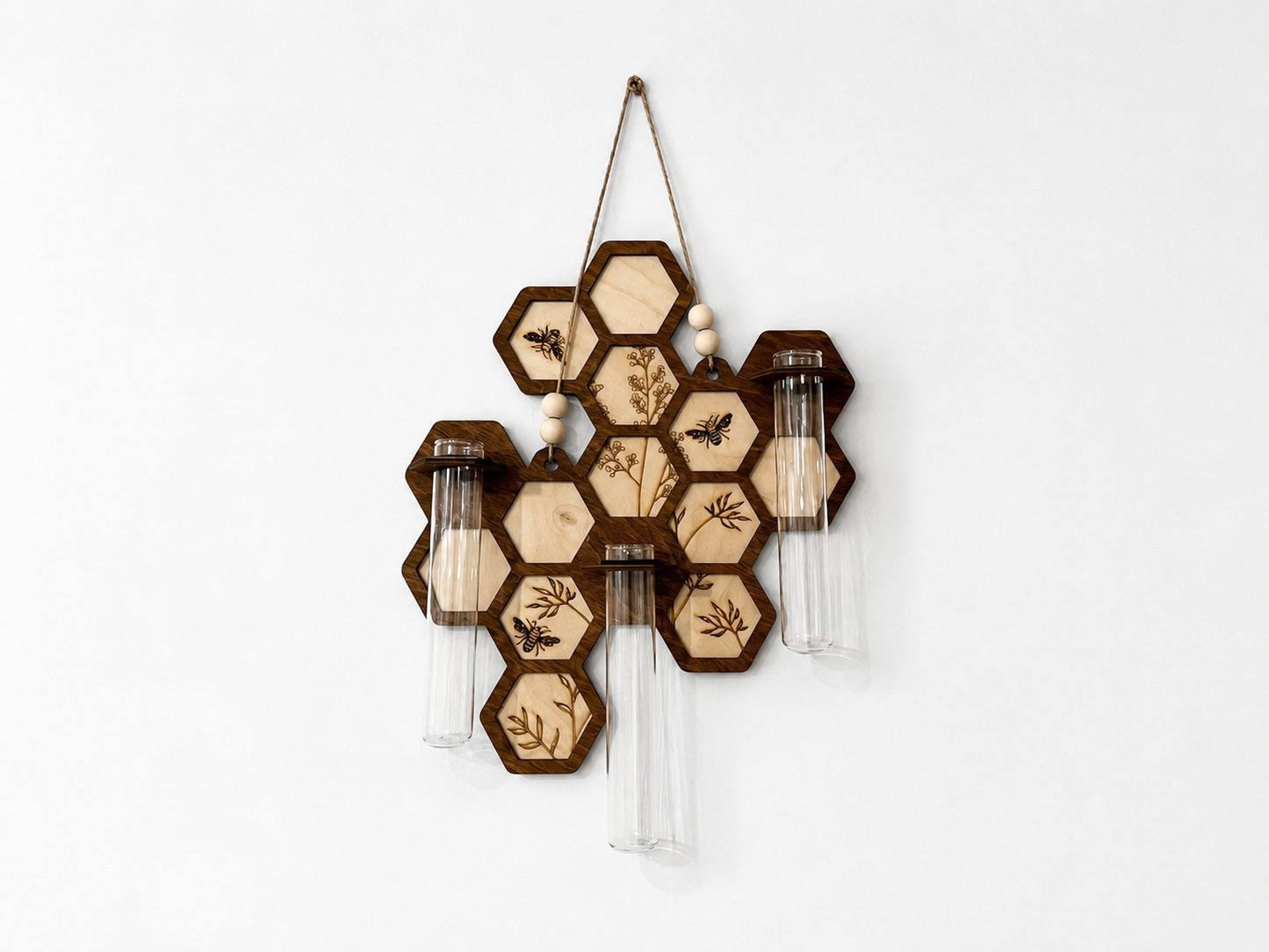 Honeycomb Plant Propagation Station Wall Hanging | Handmade Wood Propagation Station with Glass Tubes | Modern Boho Plant Decor