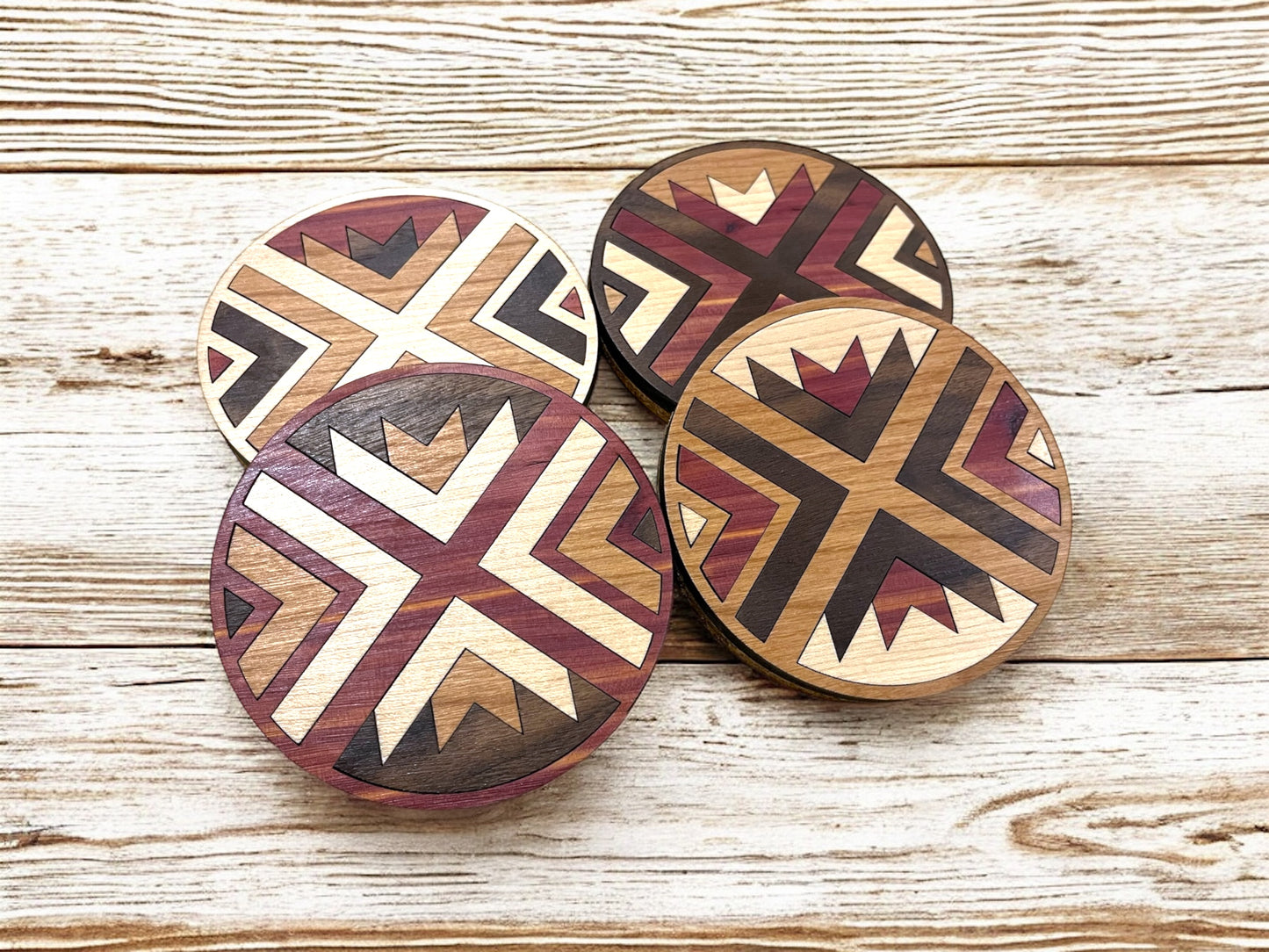 Hardwood Mosaic Coaster Set | Round Wooden Coasters with Cork Bottom | Design #5