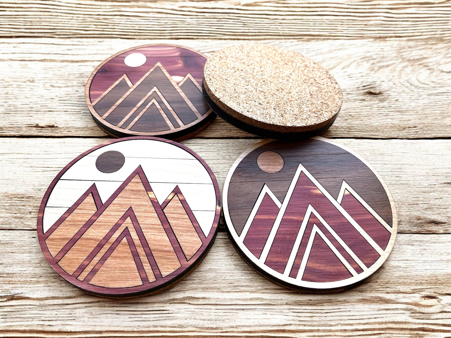 Hardwood Mosaic Coaster Set | Mountain Round Wooden Coasters with Cork Bottom | Design #1