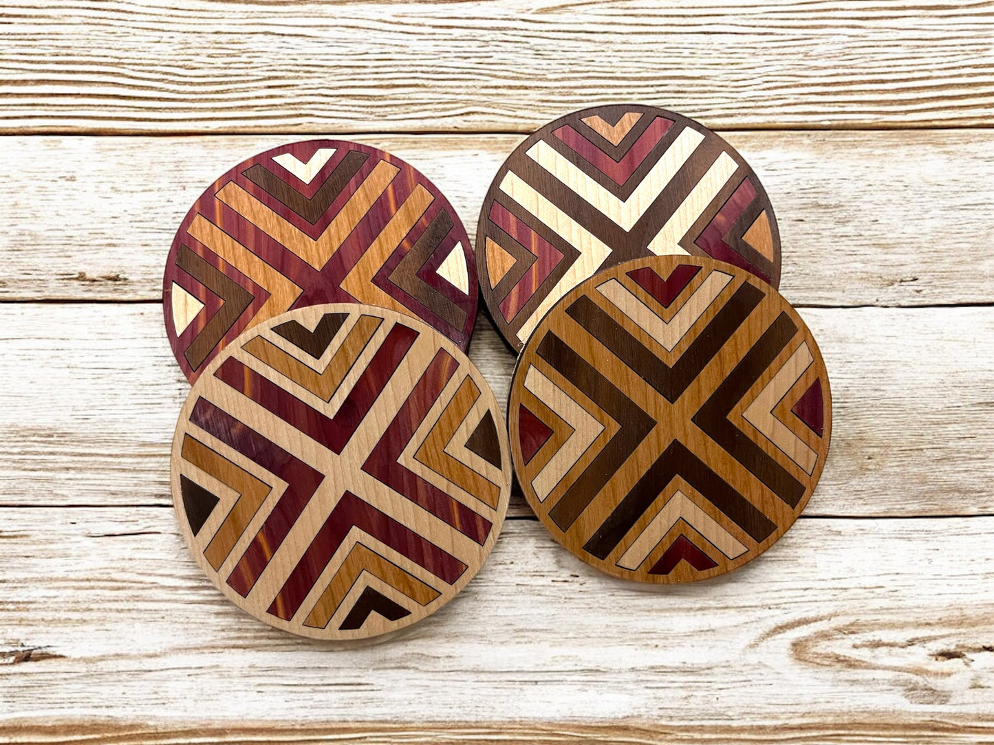 Hardwood Mosaic Coaster Set | Round Wooden Coasters with Cork Bottom | Design #4