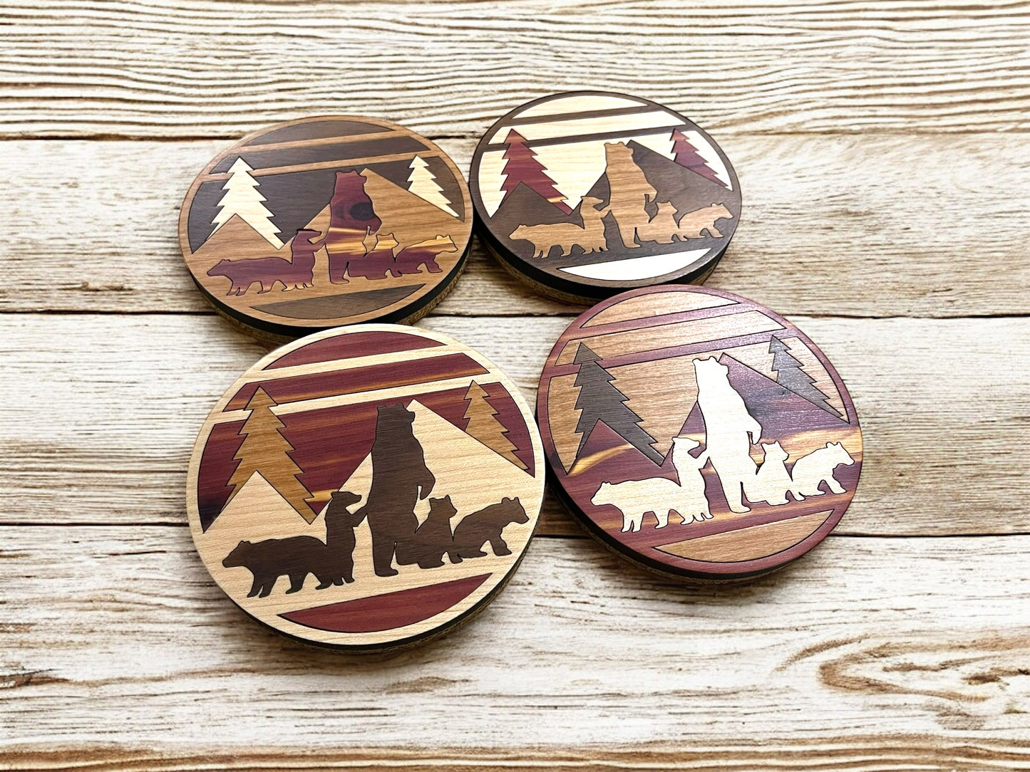 Hardwood Mosaic Coaster Set | Mountain and Bear with Cubs Round Wooden Coasters with Cork Bottom | Design #2