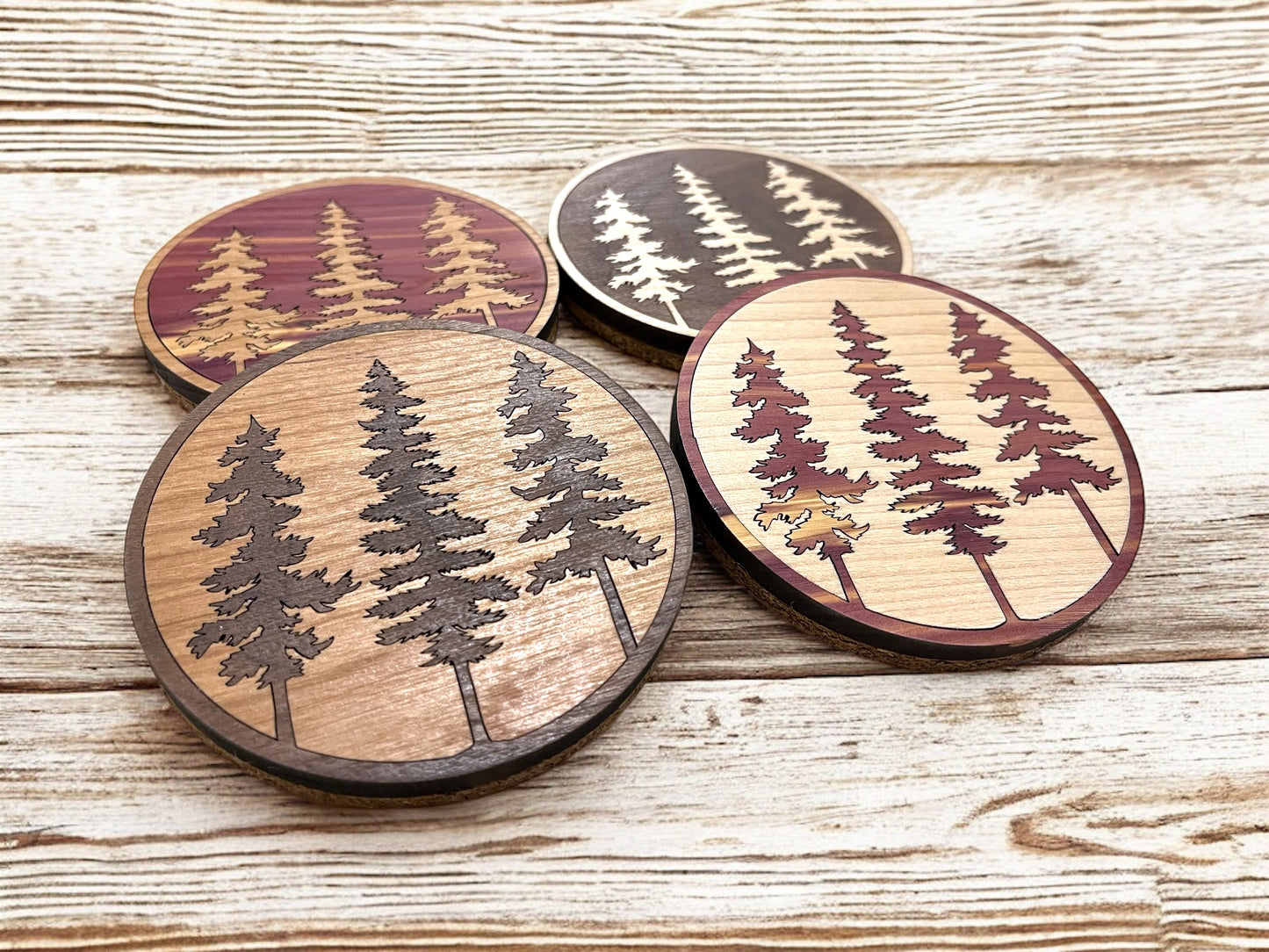 Hardwood Mosaic Coaster Set | Pine Trees Round Wooden Coasters with Cork Bottom | Design #3