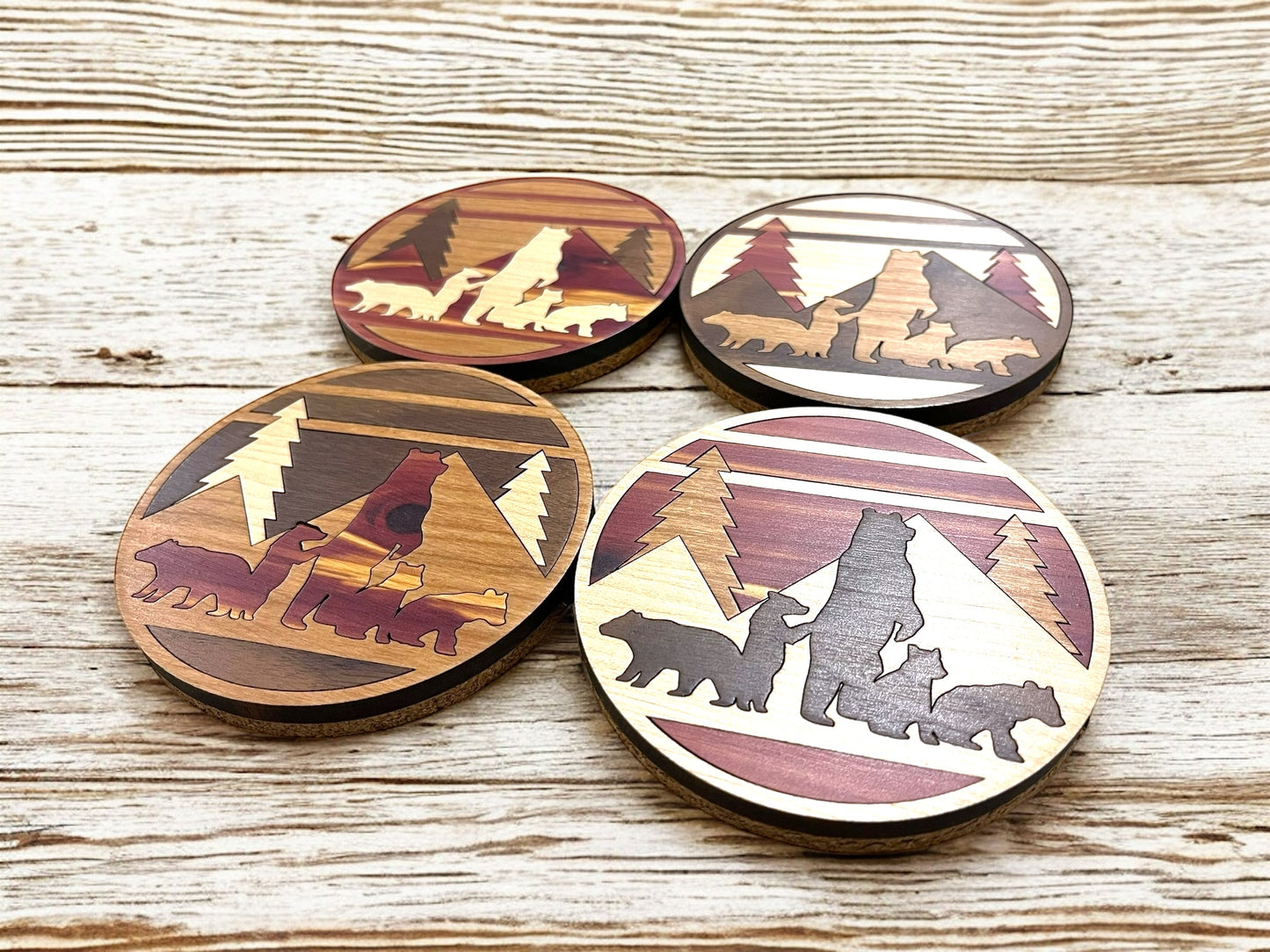 Hardwood Mosaic Coaster Set | Mountain and Bear with Cubs Round Wooden Coasters with Cork Bottom | Design #2