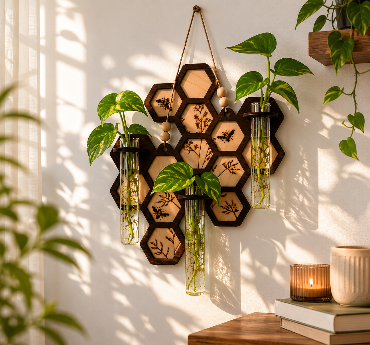 Handmade honeycomb plant propagation station wall hanging with pothos cuttings in glass tubes and modern boho home decor