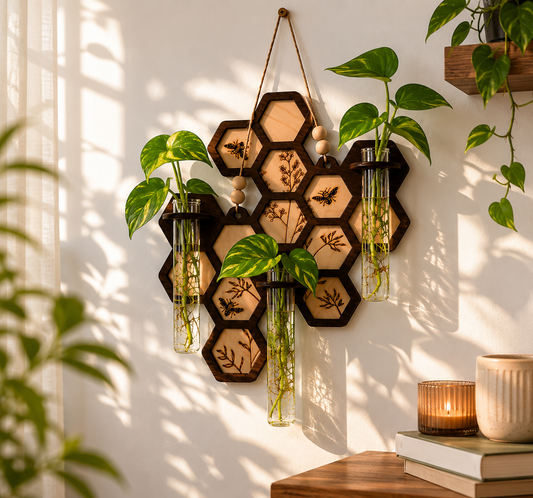 Handmade honeycomb plant propagation station wall hanging with pothos cuttings in glass tubes and modern boho home decor