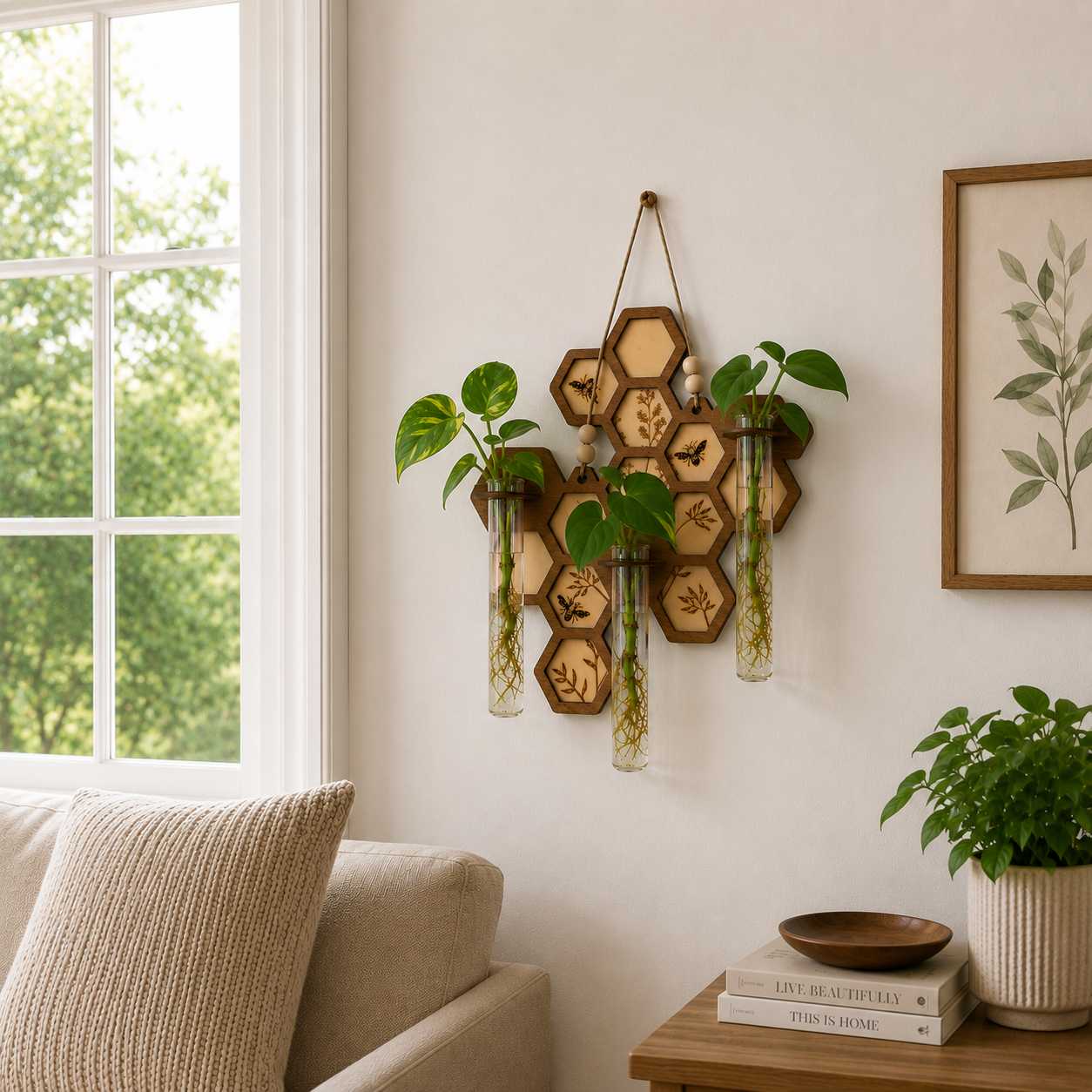 Honeycomb wall propagation station displayed in living room with houseplants and natural wood decor