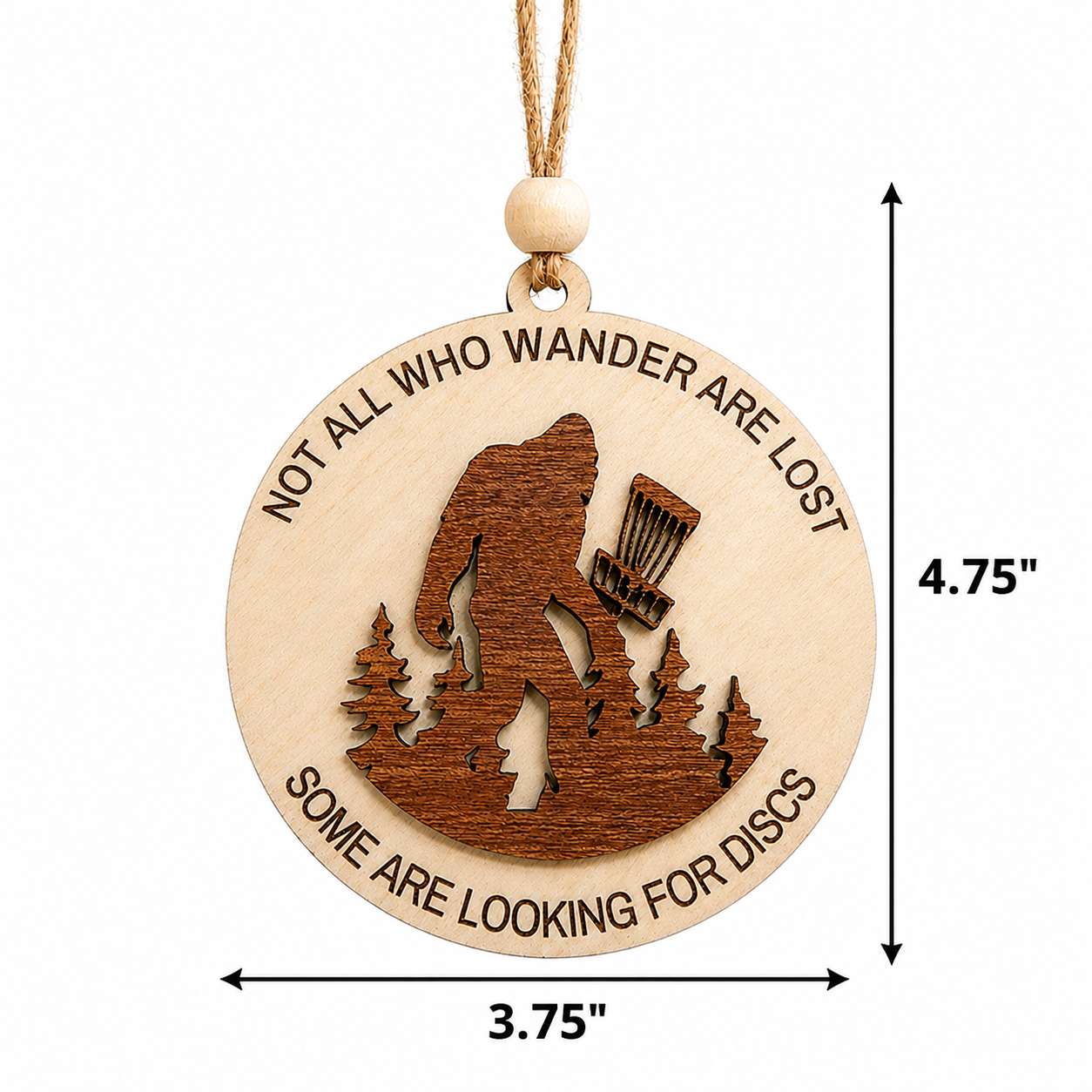 Bigfoot disc golf ornament showing dimensions of 3.75 inches wide by 4.75 inches tall to the top of the wooden bead.