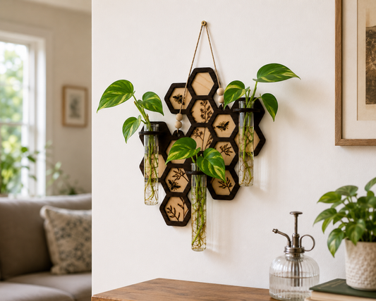 Honeycomb Plant Propagation Station Wall Hanging | Handmade Wood Propagation Station with Glass Tubes | Modern Boho Plant Decor