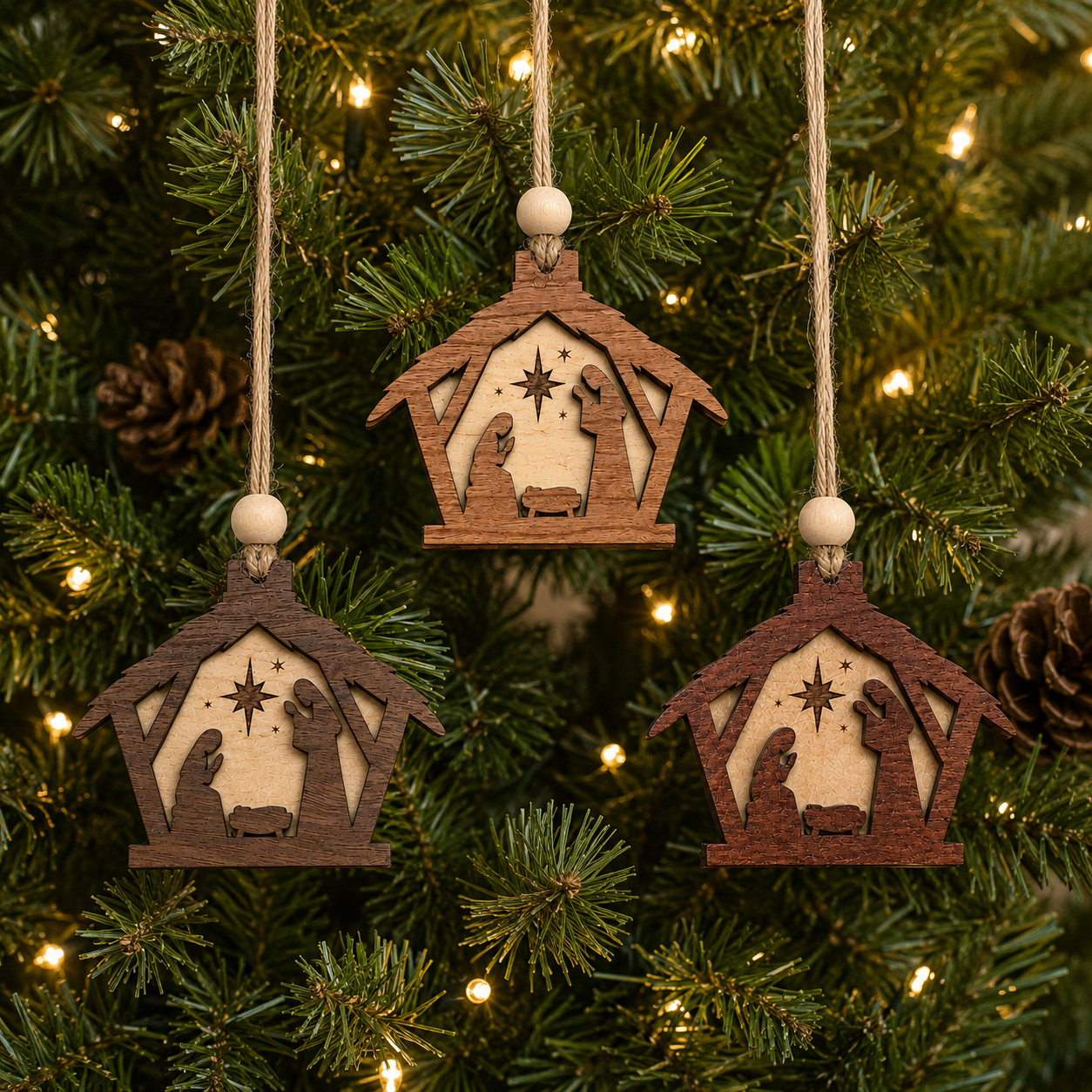 Handmade Wooden Nativity Ornament | Layered Christian Christmas Tree Ornament | Rustic Manger Scene