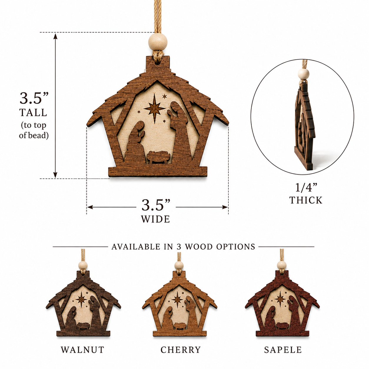 Handmade Wooden Nativity Ornament | Layered Christian Christmas Tree Ornament | Rustic Manger Scene