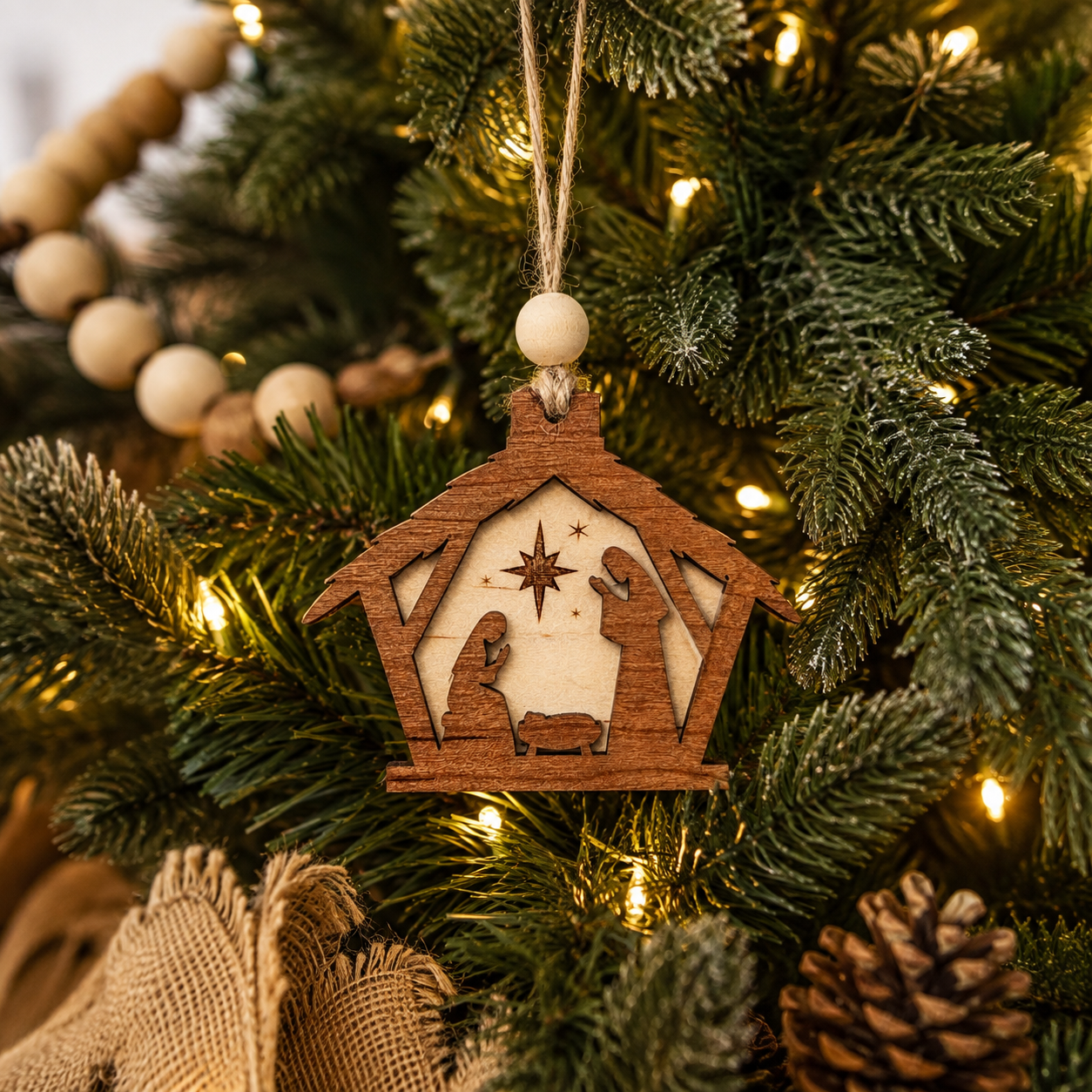 Handmade Wooden Nativity Ornament | Layered Christian Christmas Tree Ornament | Rustic Manger Scene