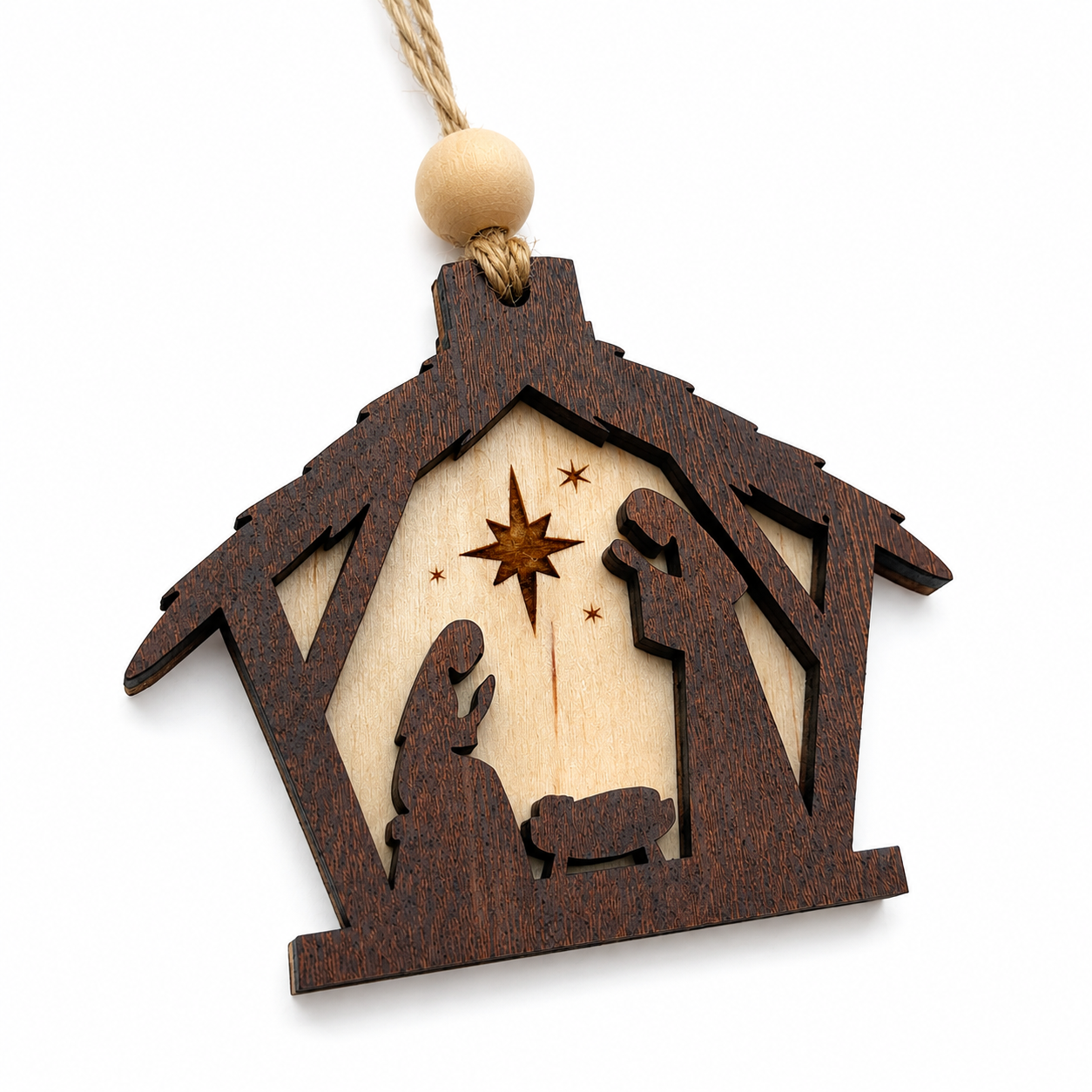 Handmade Wooden Nativity Ornament | Layered Christian Christmas Tree Ornament | Rustic Manger Scene