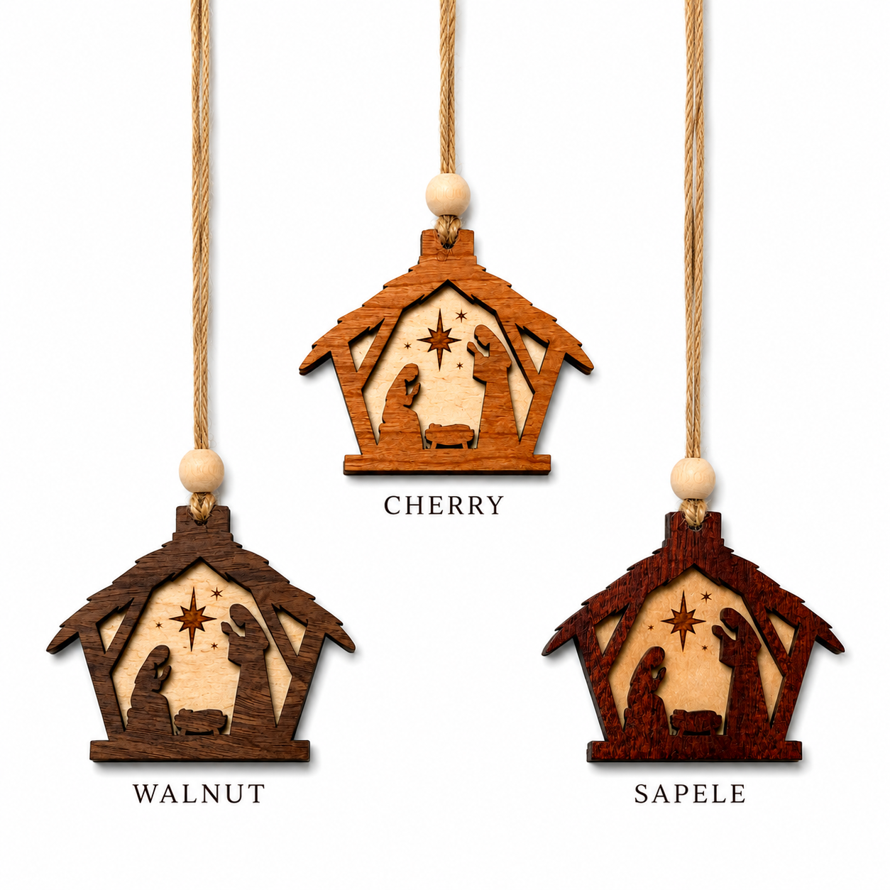 Handmade Wooden Nativity Ornament | Layered Christian Christmas Tree Ornament | Rustic Manger Scene