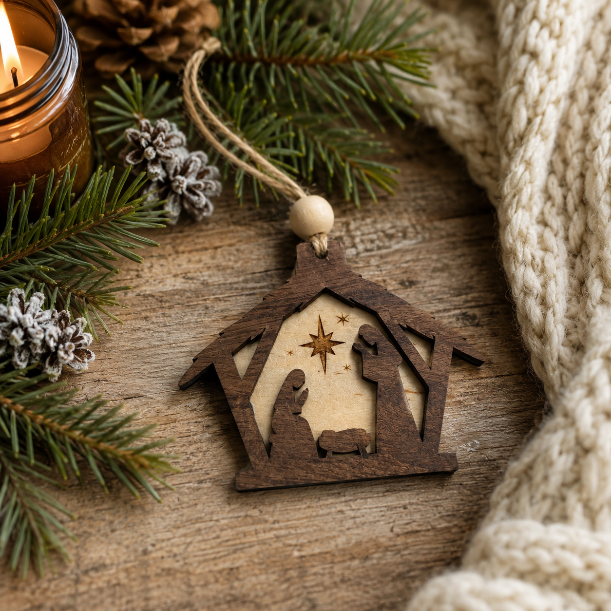 Handmade Wooden Nativity Ornament | Layered Christian Christmas Tree Ornament | Rustic Manger Scene