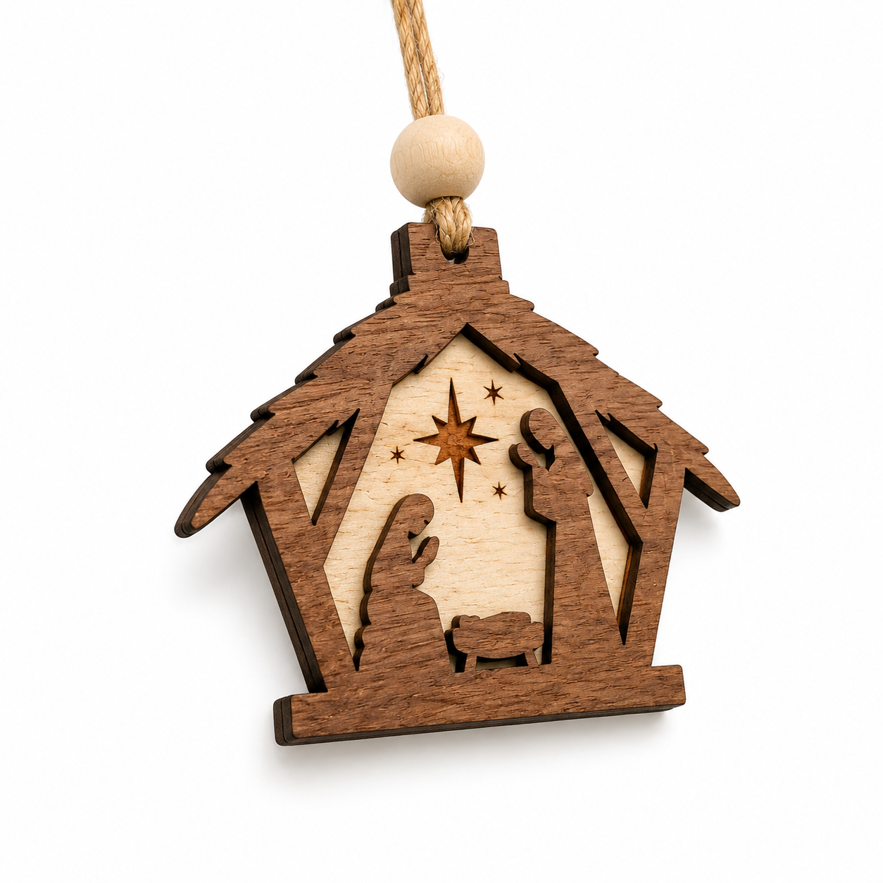 Handmade Wooden Nativity Ornament | Layered Christian Christmas Tree Ornament | Rustic Manger Scene