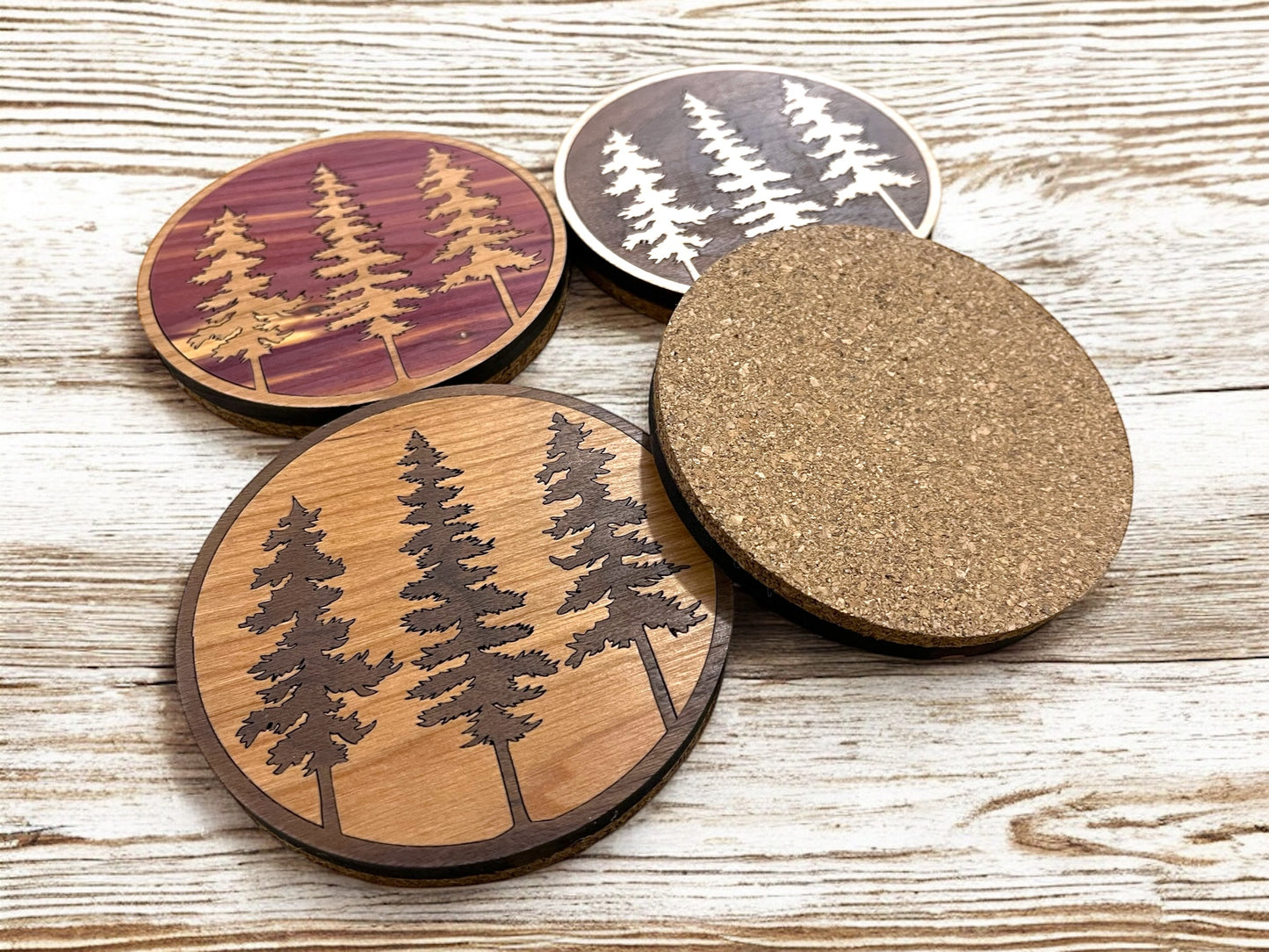 Hardwood Mosaic Coaster Set | Pine Trees Round Wooden Coasters with Cork Bottom | Design #3