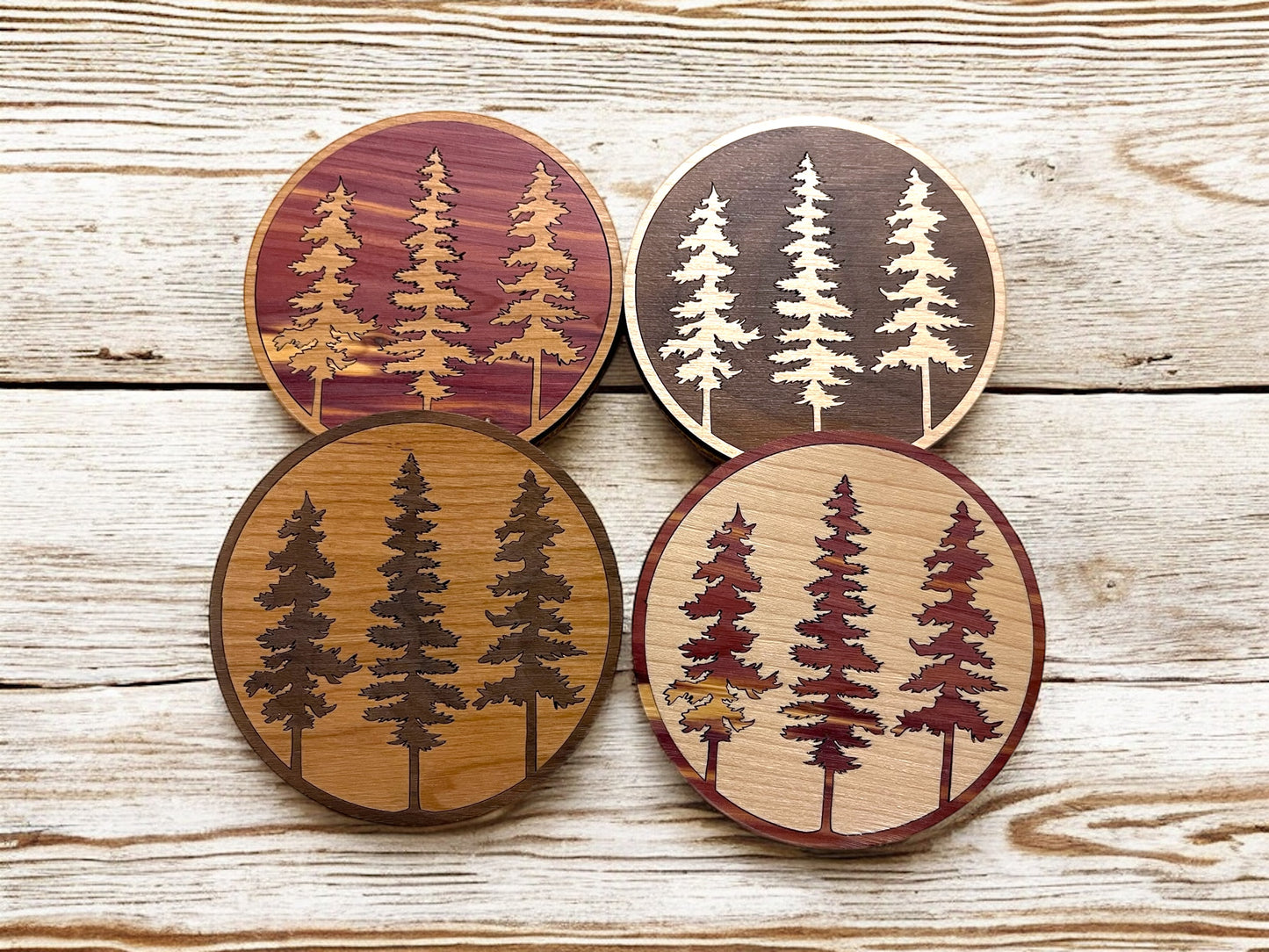 Hardwood Mosaic Coaster Set | Pine Trees Round Wooden Coasters with Cork Bottom | Design #3