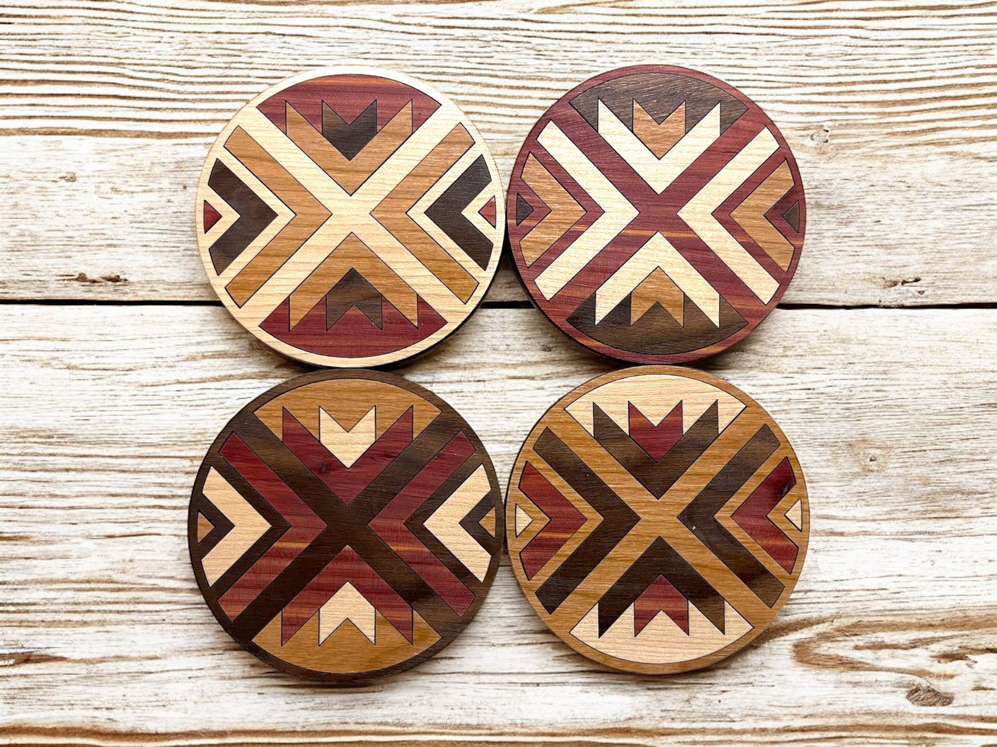 Hardwood Mosaic Coaster Set | Round Wooden Coasters with Cork Bottom | Design #5