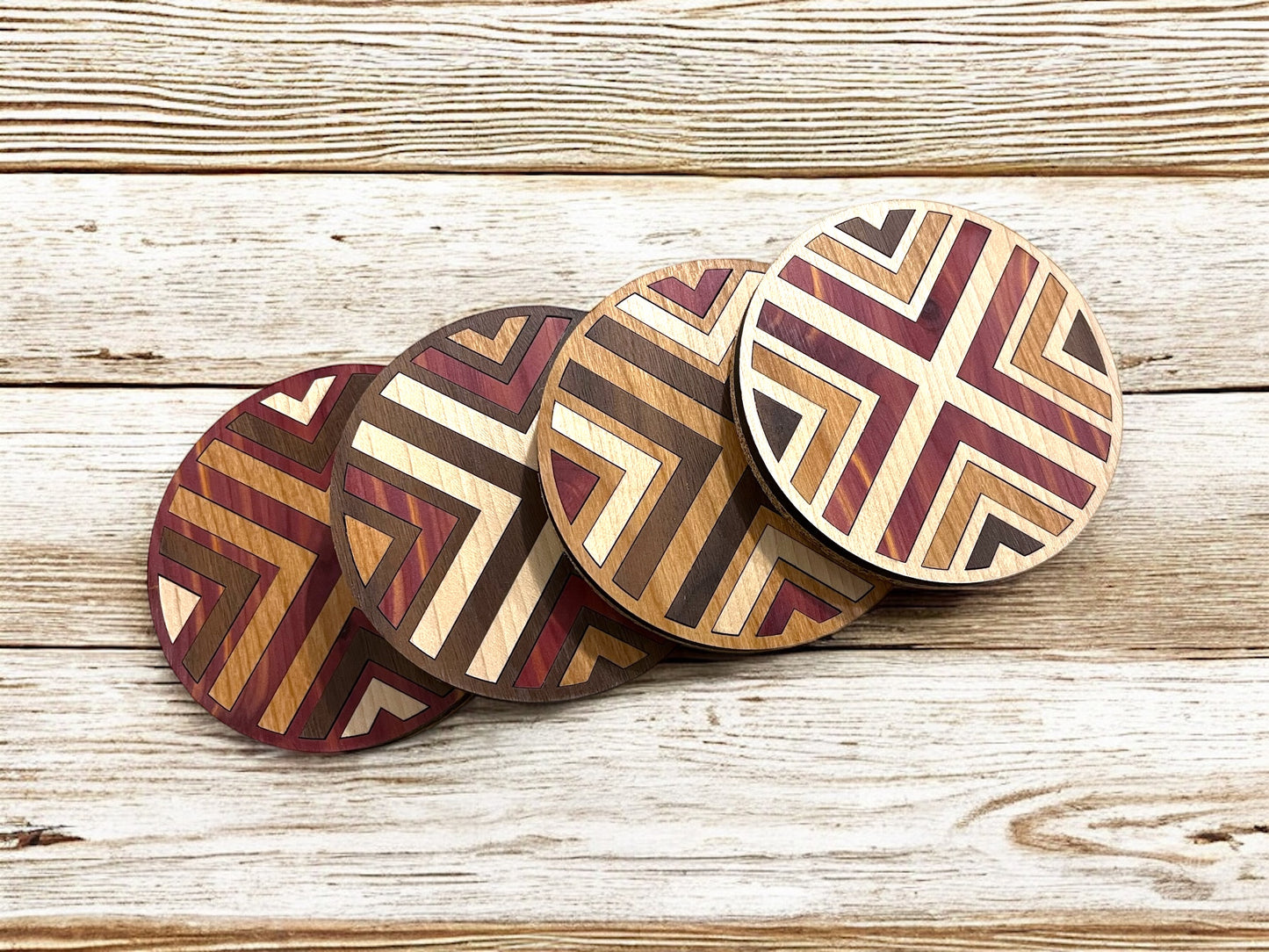 Hardwood Mosaic Coaster Set | Round Wooden Coasters with Cork Bottom | Design #4