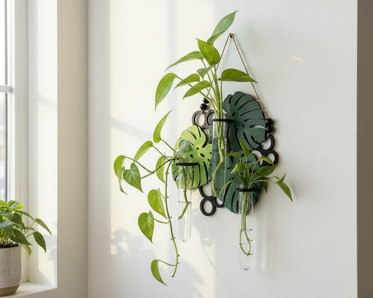 Modern wood wall planter with glass tubes and trailing pothos in bright interior space