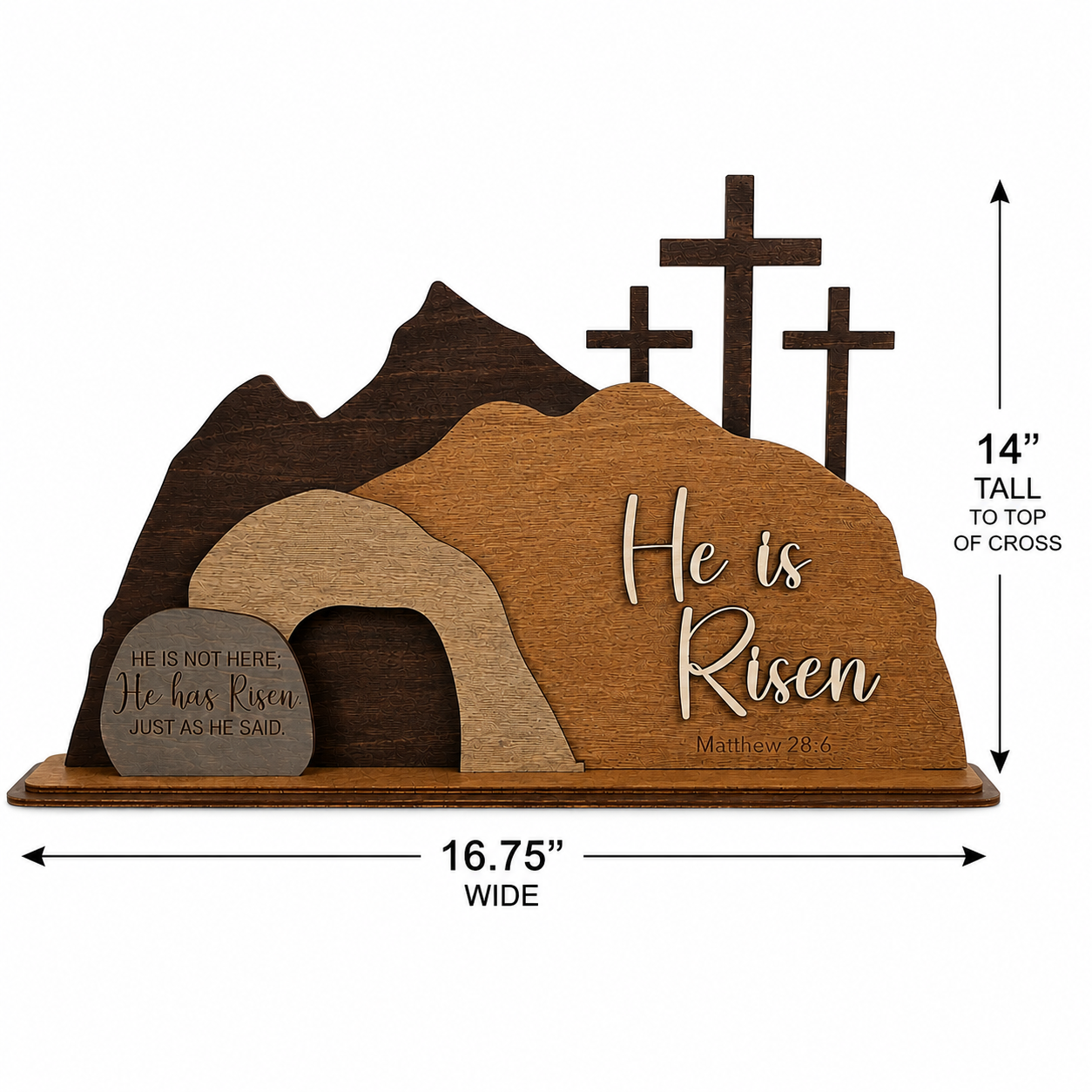He Is Risen wooden resurrection scene dimensions measuring 16.75 inches wide by 14 inches tall to the top of the cross, handcrafted Christian Easter decor.