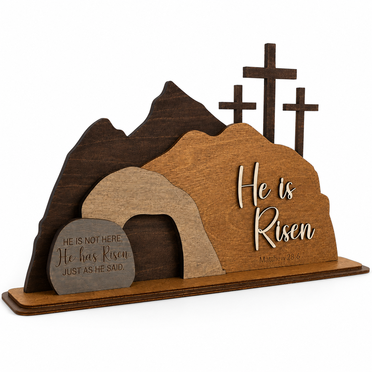 Angled view of the handcrafted He Is Risen wooden resurrection scene showing layered 3D construction, premium wood grain, and dimensional Easter decor.