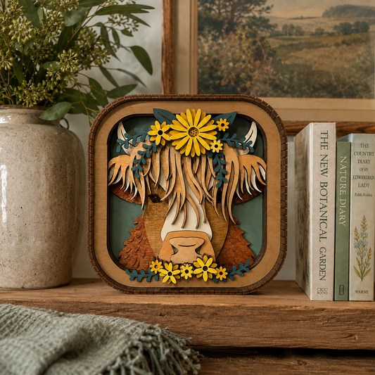 3D layered wood Highland cow wall art with sunflower accents in square shadow box frame