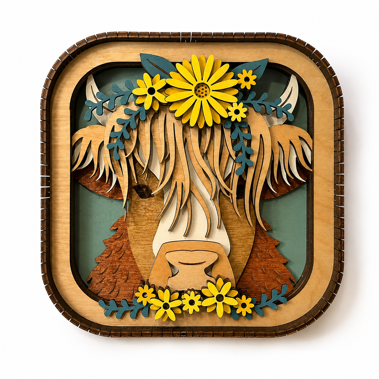 Handcrafted Highland cow wood sign with layered design and floral accents on white background