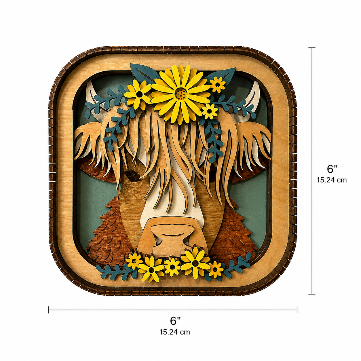 6 x 6 inch Highland cow layered wood decor with sunflower details and dimensional design