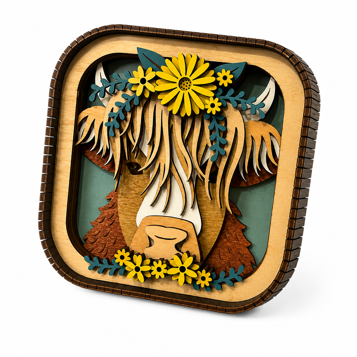 Angled view of 3D Highland cow wood sign highlighting layered frame and dimensional design