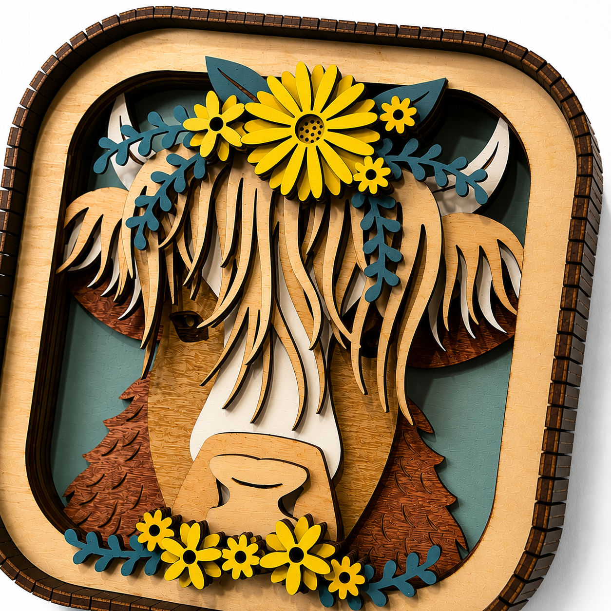 Close-up of layered Highland cow wood art featuring sunflower crown and intricate laser cut details