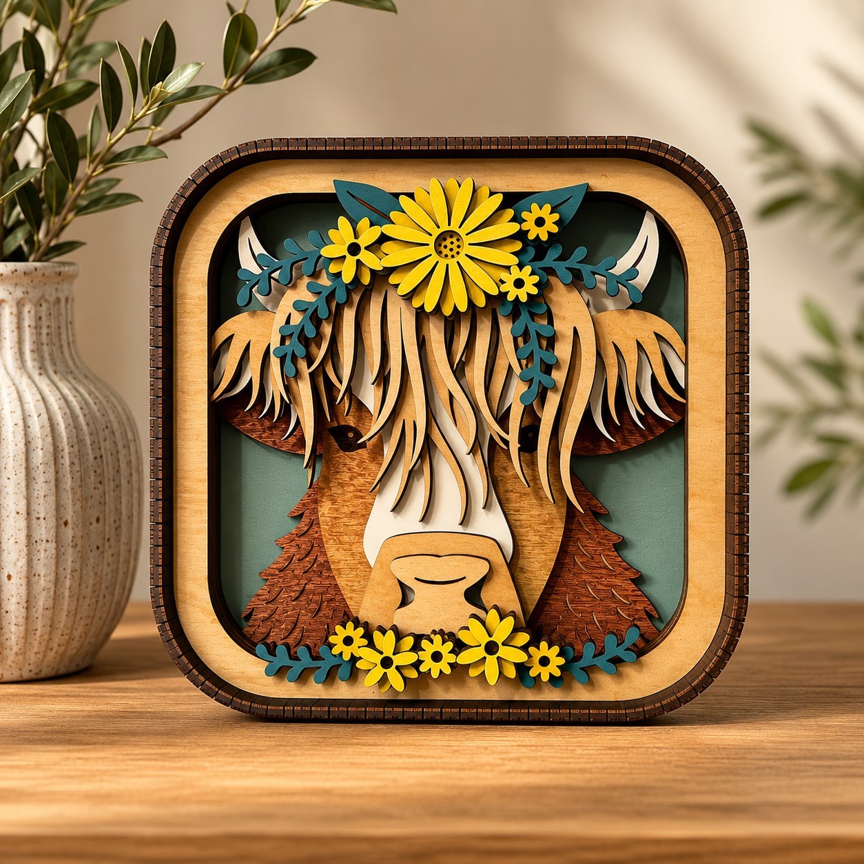 Rustic Highland cow wood decor displayed on shelf with farmhouse home accents