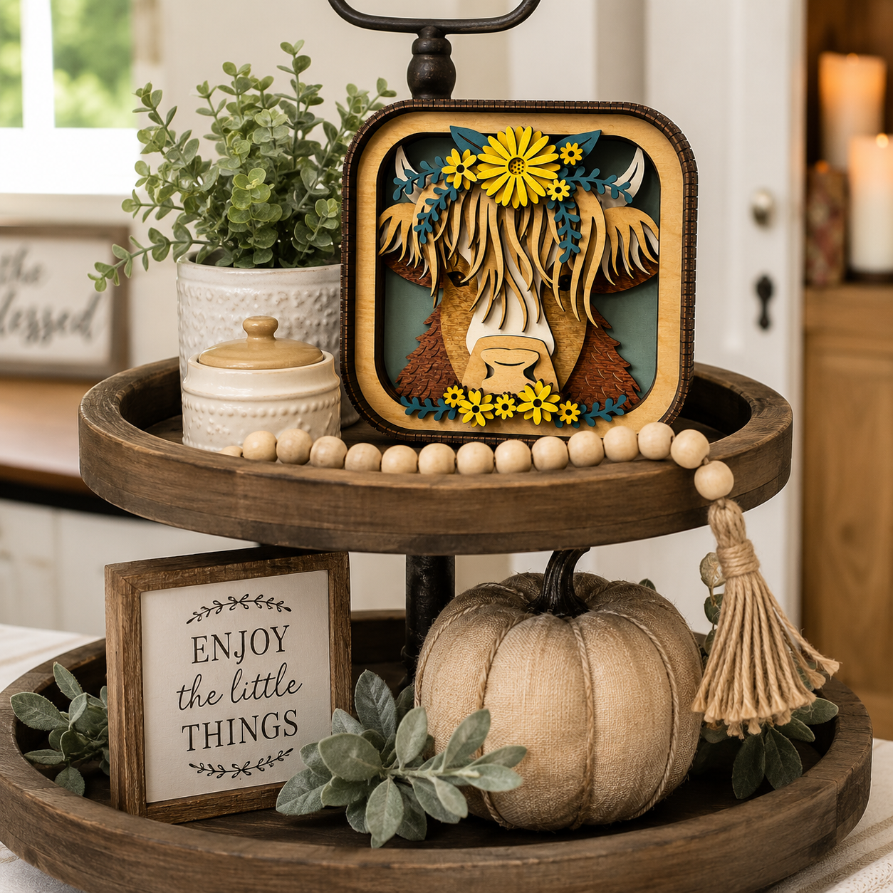 Highland cow wood decor displayed on farmhouse tiered tray with rustic accents