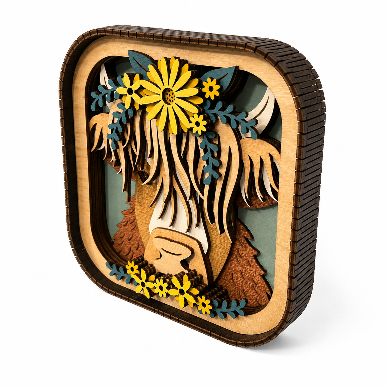 Side view of layered Highland cow wood art showing depth and handcrafted laser cut details